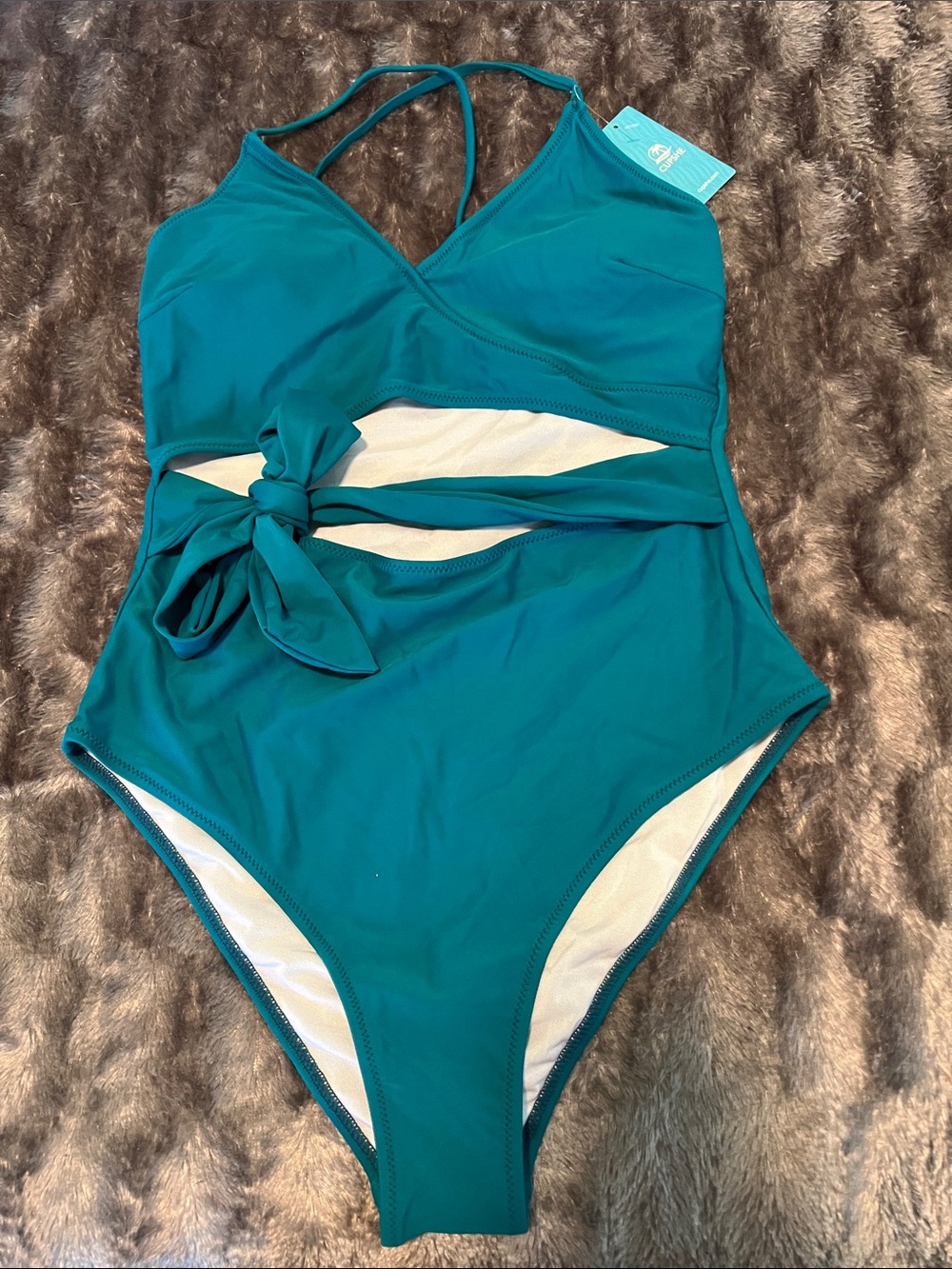 Cupshe Teal One-Piece Swimsuit with Cutout and waist tie, Medium